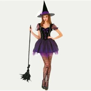HauntLook Wicked Witch Sexy Purple and Black Dress and Hat Halloween Cosplay Sml